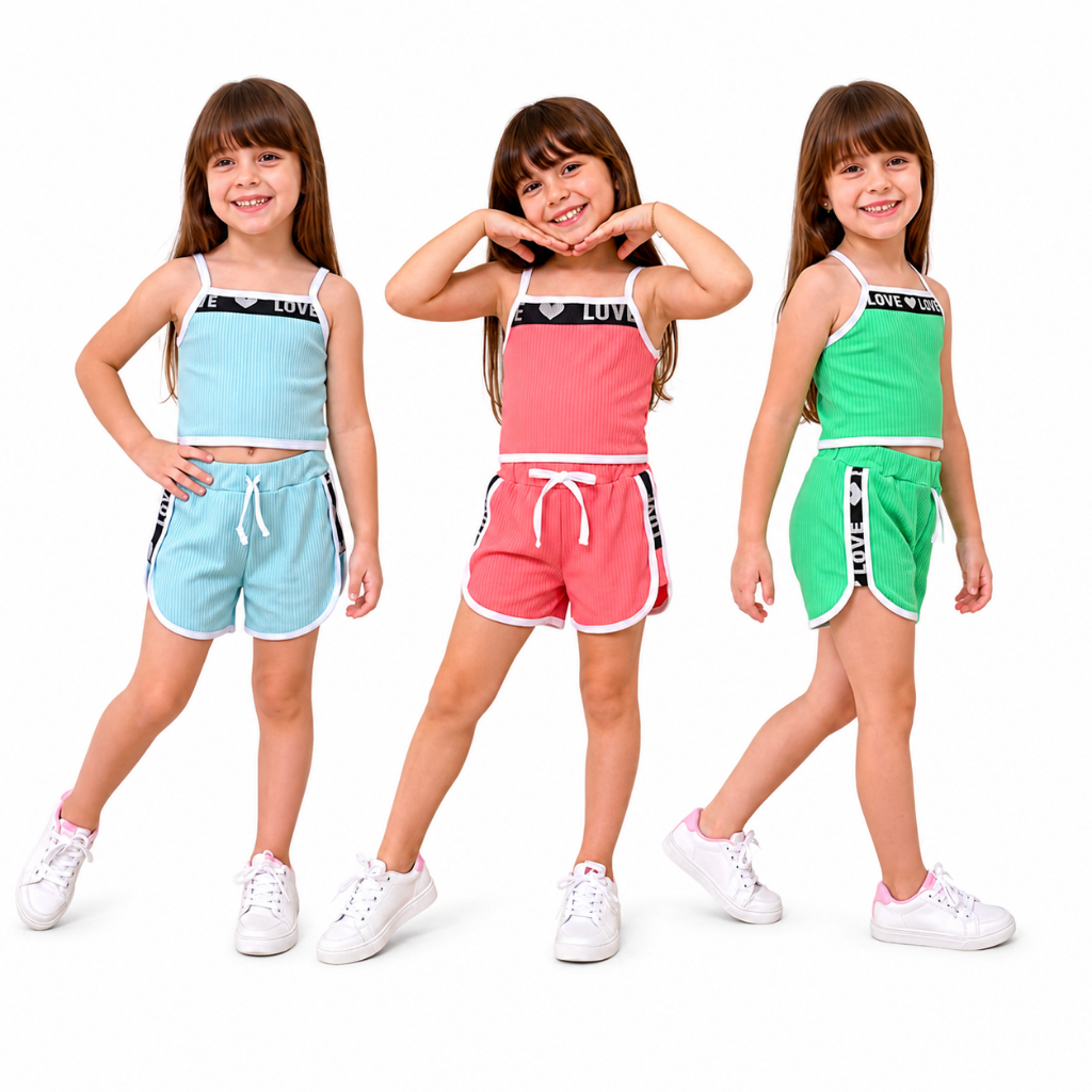Conjunto Infantil Feminino Blusinha Cropped e Short Canelado Love Blogueirinha Infanto Juvenil Tamanho 04 ao 10 anos