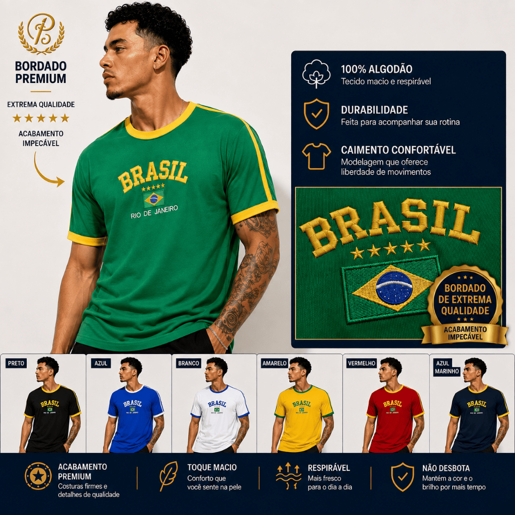 Camisa do Brasil Bordada bandeira masculina listrada
