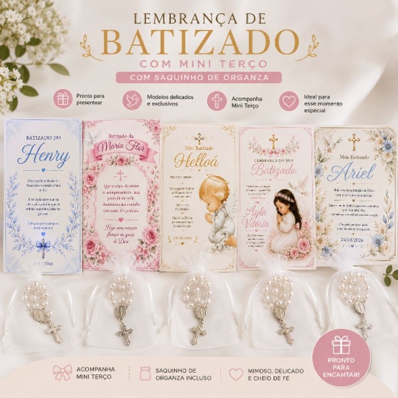 Lembrancinha Batizado com Mini Terço + Cartão Personalizado | Primeira Comunhão Eucaristia Crisma