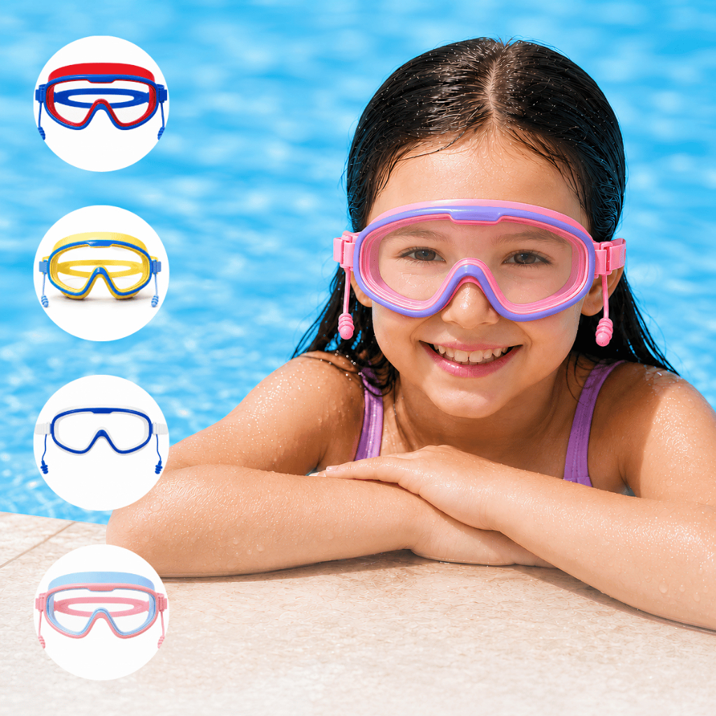 Óculos Natação Infantil Antiembaçante Prova D'agua Protetor Orelha Silicone Ajustável Crianças Meninos Meninas Piscina