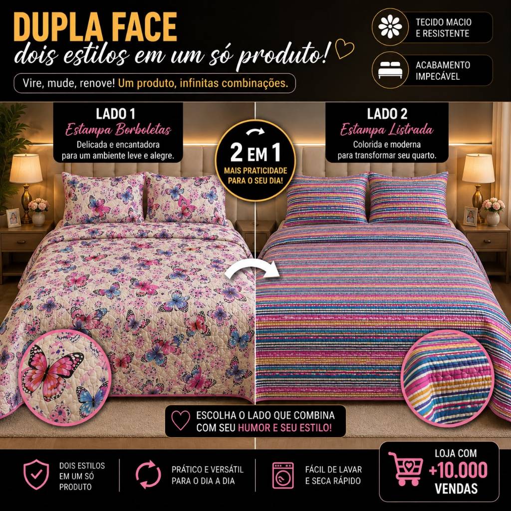 Kit Colcha Cobre Leito Casal Queen Dupla Face Matelado Toque De Algodão 2 Porta Travesseiros Fronhas Linha Luxo Premium
