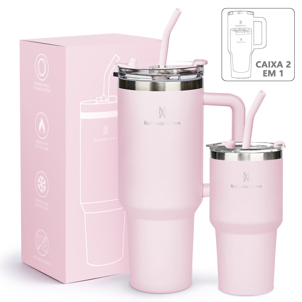 ROMANTIC CROWN Kit 2 Copo Térmico Inox Portátil 1200ml/600ml Garrafa Térmica Inoxidável com Tampa e Canudo