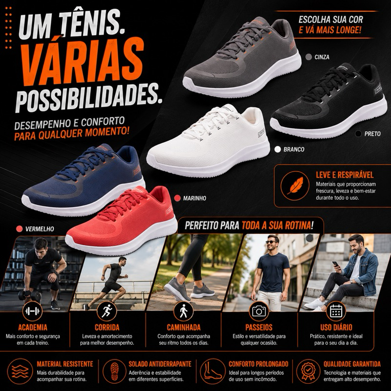 Tênis Masculino Corrida Esportivo Macio Confortável para Caminhada Academia e Treino