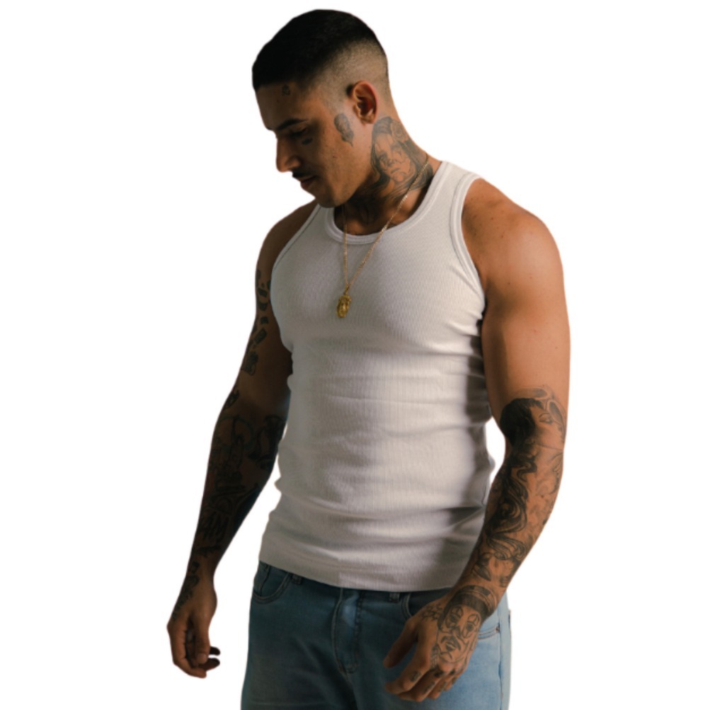 Regata Masculina Canelada Americana Tank Top Ribana Slim Fit Academia Fitness Casual