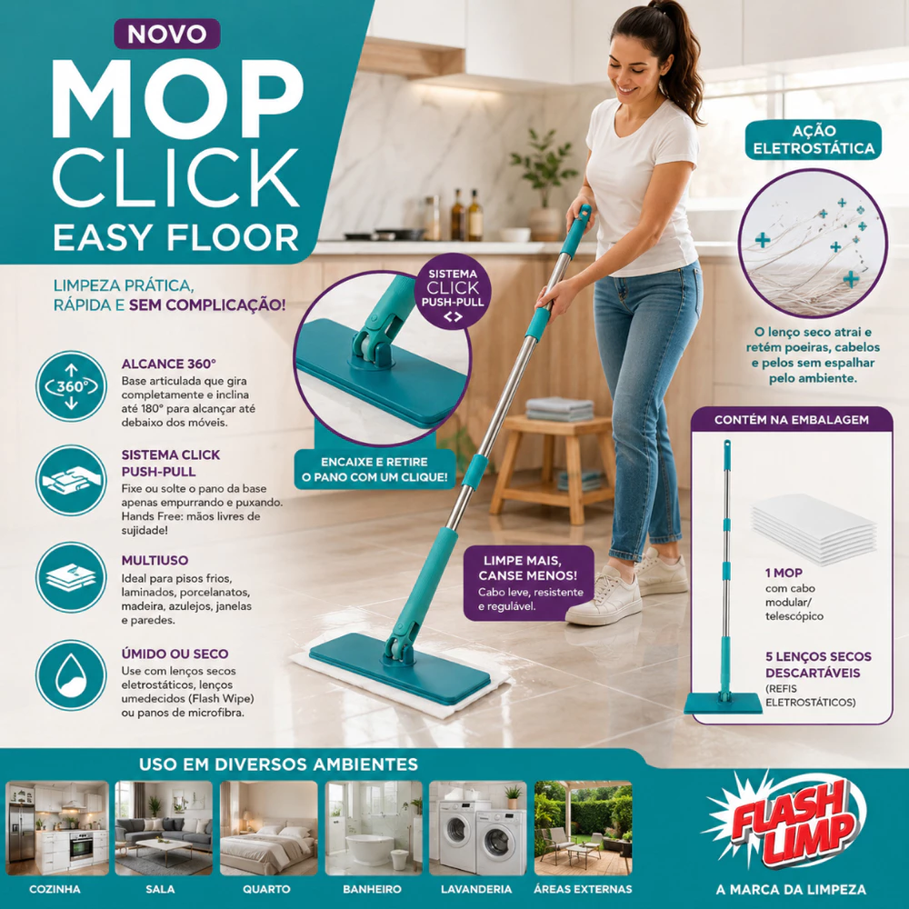 Mop Click Multiuso Easy Floor Flash Limp Vassoura Eletrostática Seca E Limpa Pó Sem Riscar