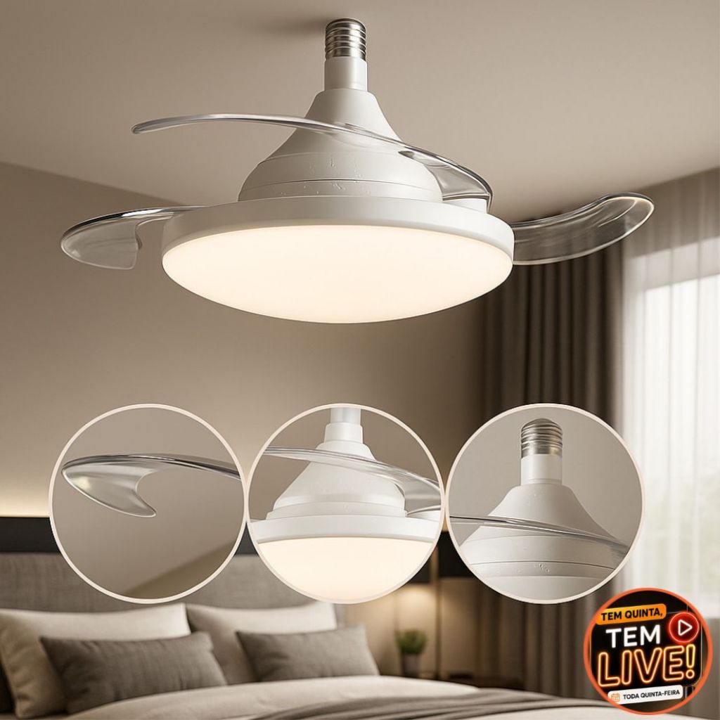 Ventilador de Teto Retrátil 120W Silencioso com LED 3 Cores Controle Remoto Bivolt