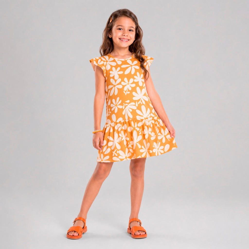 Vestido infantil menina de flores Brandili -Laranja