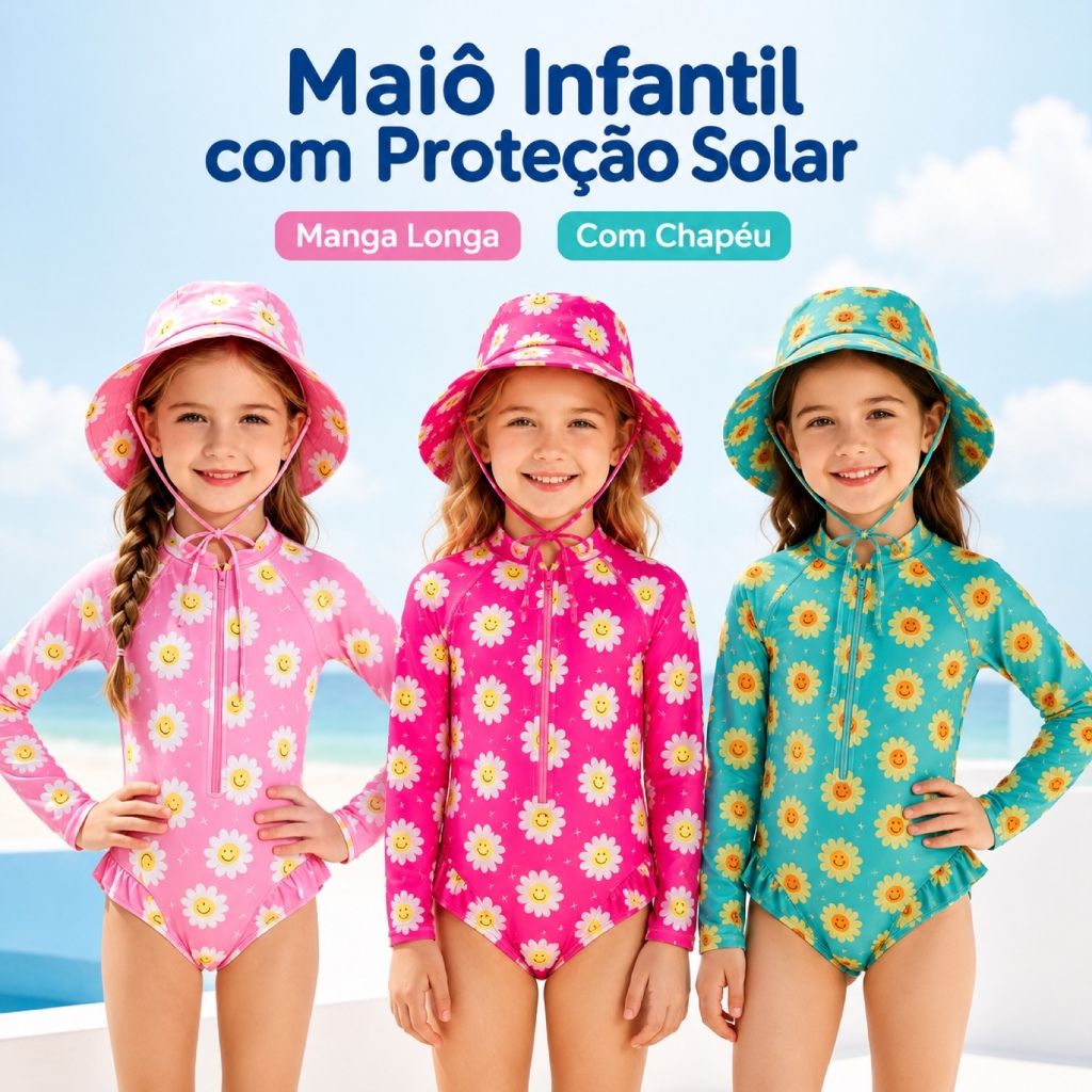 Kit Maiô Infantil Manga Longa + Chapéu de Sol Estampa Margaridas Tamanhos 2 3 4 5