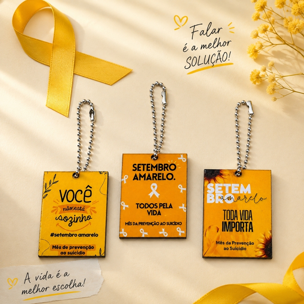 Chaveiro Setembro Amarelo Lembrancinha em MDF Brinde Campanha de Prevenção ao Suicídio Valorização da Vida Kits