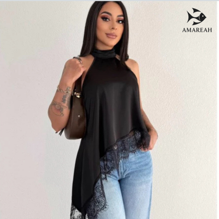 Blusa Feminina Assimétrica Gola Alta com Renda – Frente Única Elegante e Moderna  sofisticada Elegante Tendência Inverno