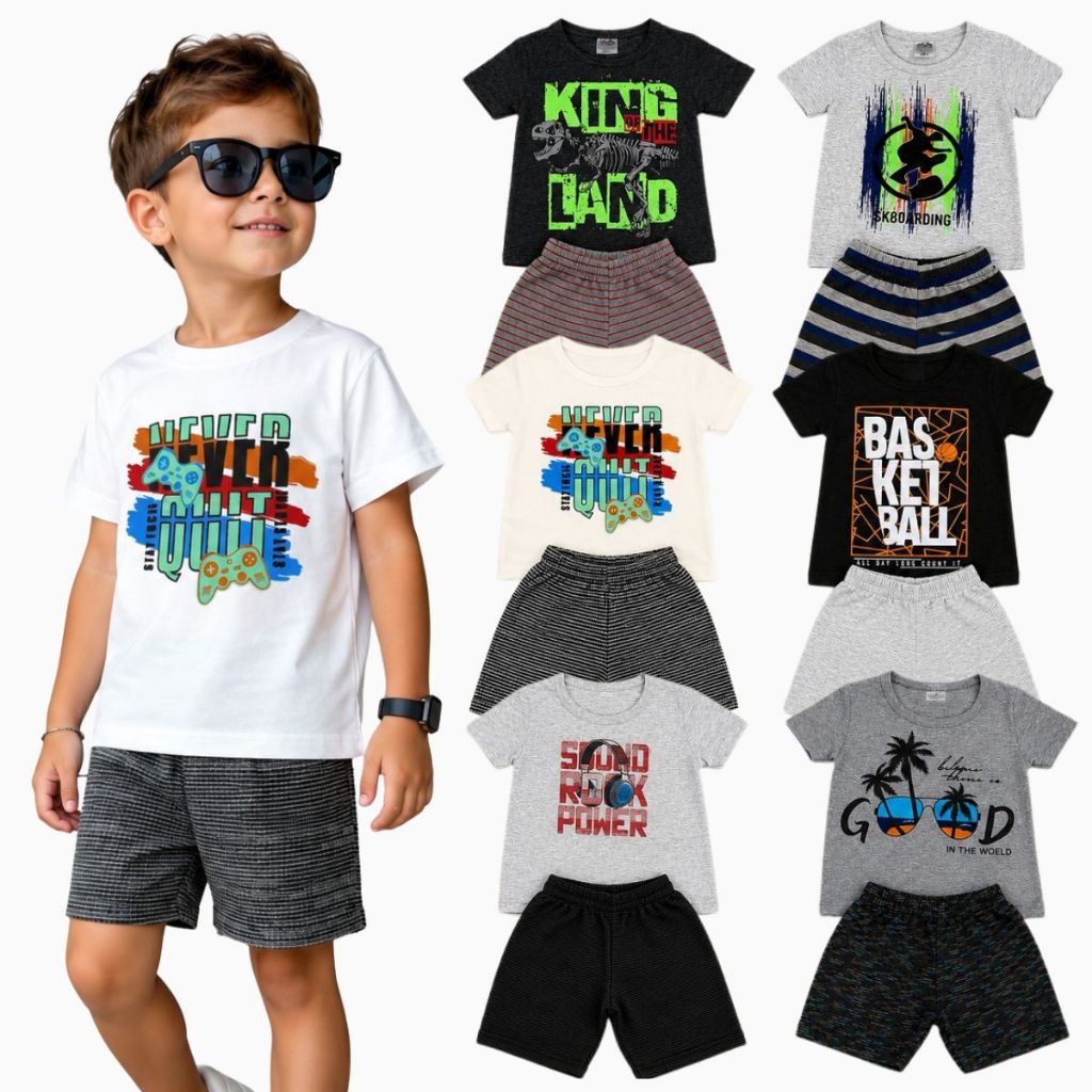 Kit Conjunto Menino Verão Camiseta + Bermuda Algodão 1 a 10 Anos Infantil Masculino Confortável Estampado Moda Kids
