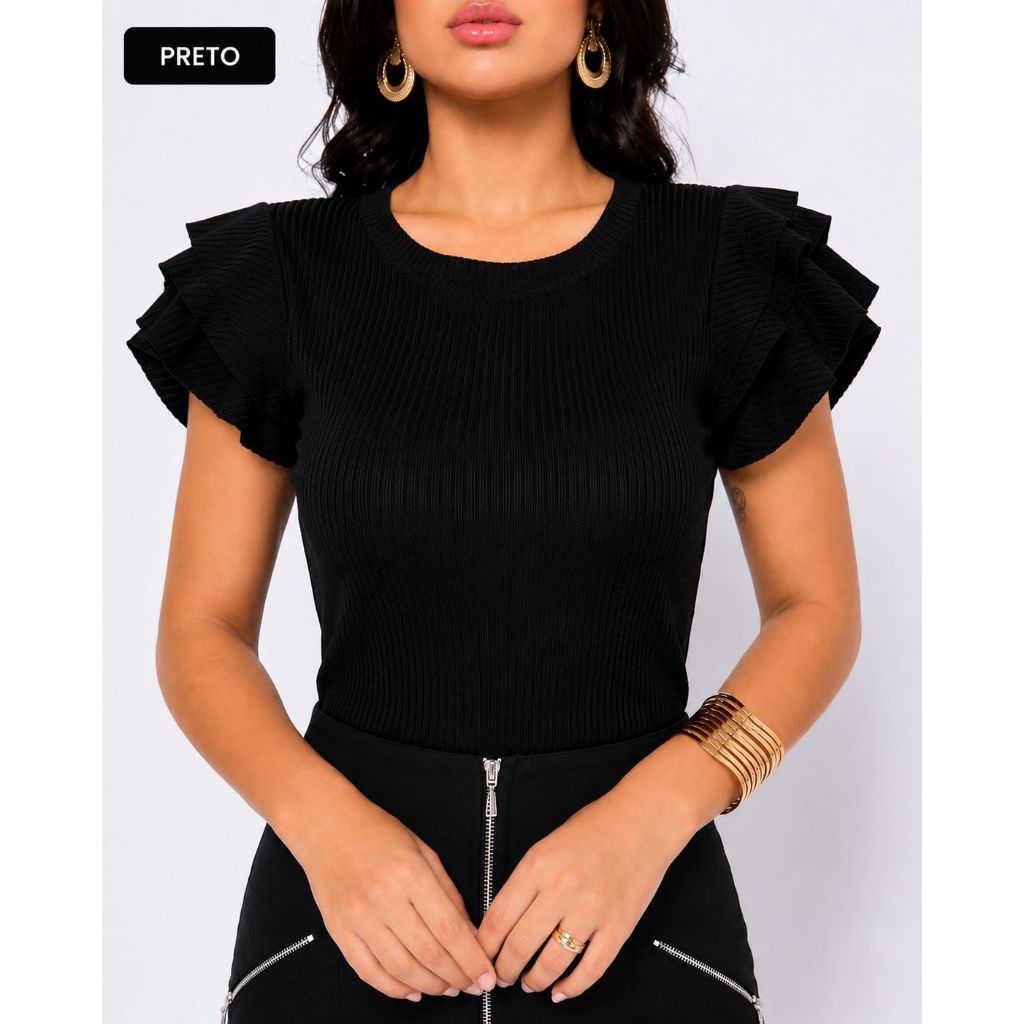 Blusa Feminina Canelada manguinha 3 Babados no ombro Blusinha Moda Blogueira