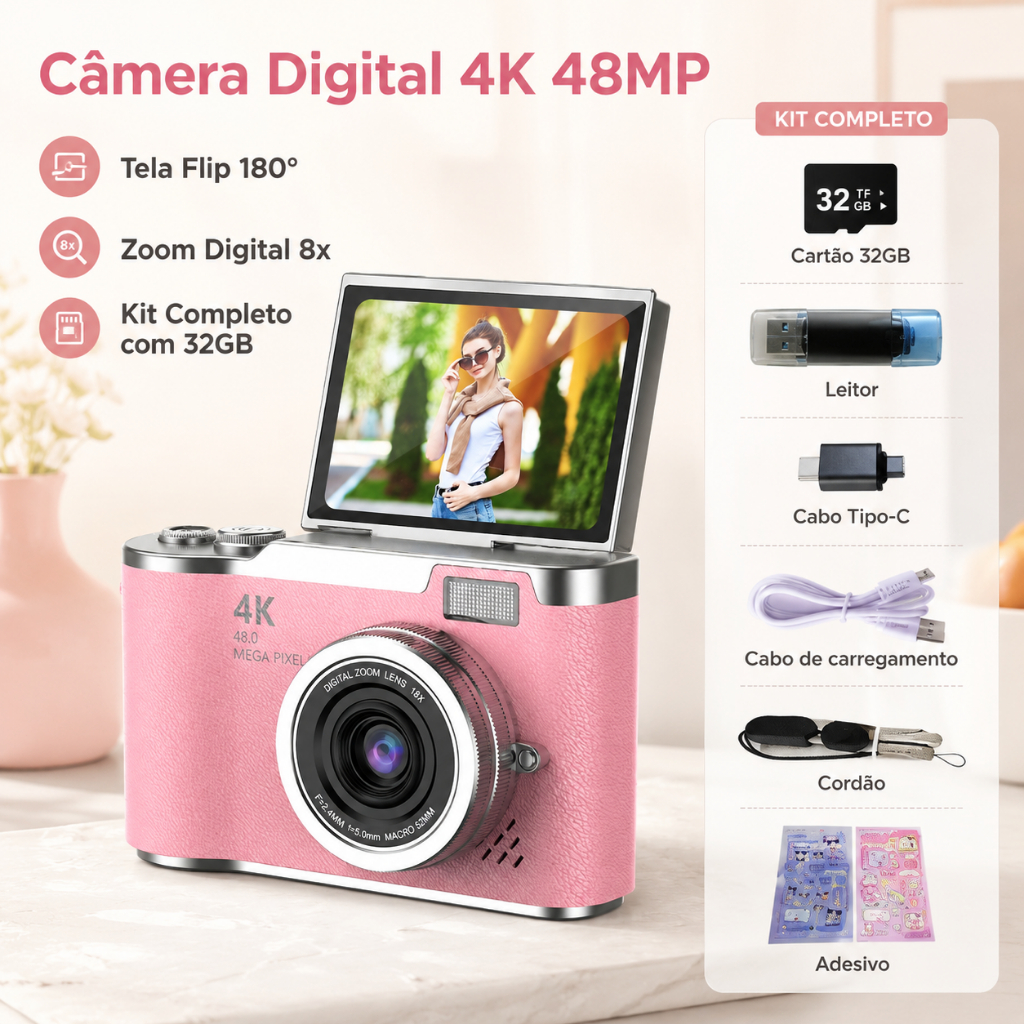 Camera Digital 4K 48MP CCD Zoom Digital 8x Tela Flip 180° Selfie Para Estudantes