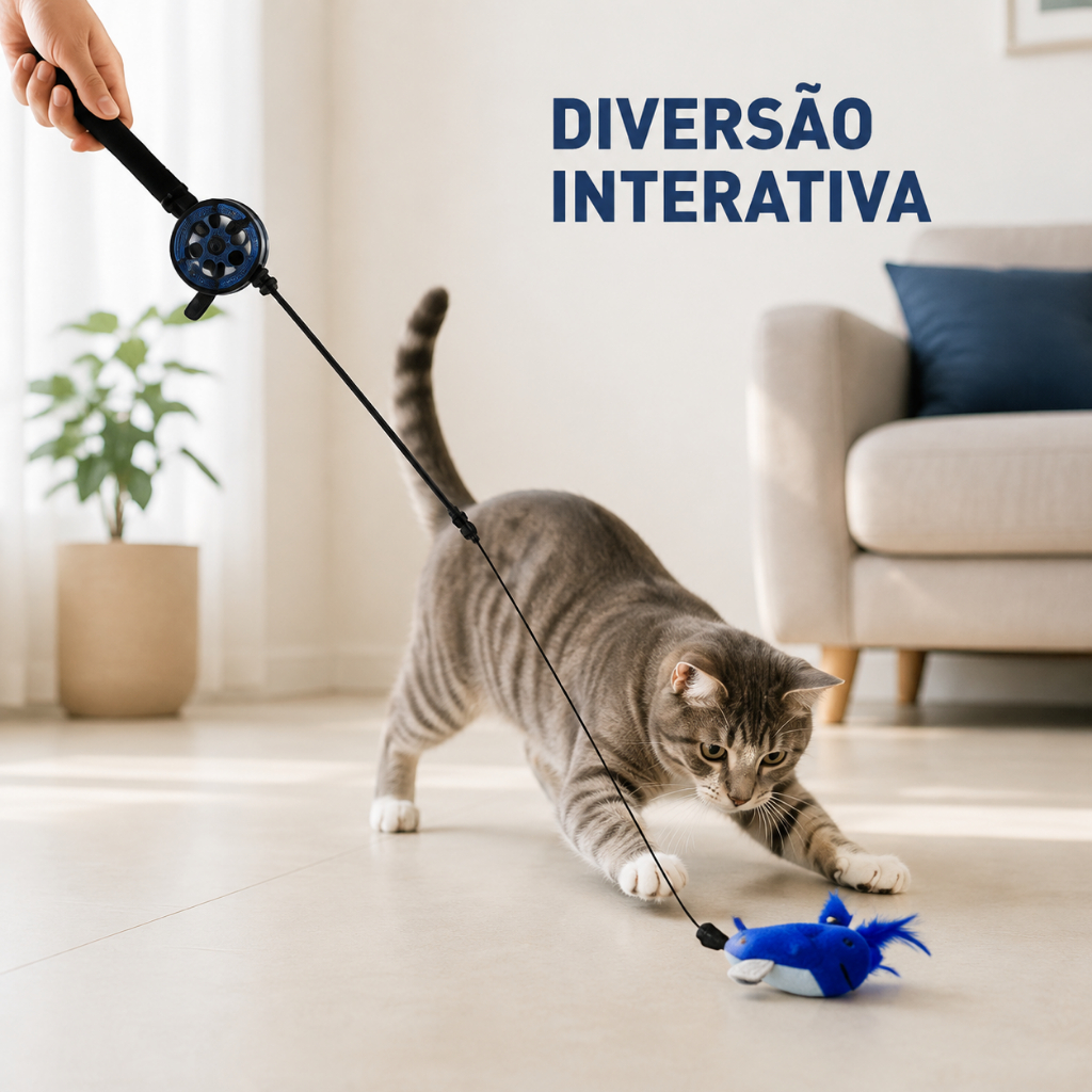 Kit Varinha Retrátil para Gatos 35cm com Carretel e 3 Ponteiras de Penas Brinquedo Interativo Antiestresse