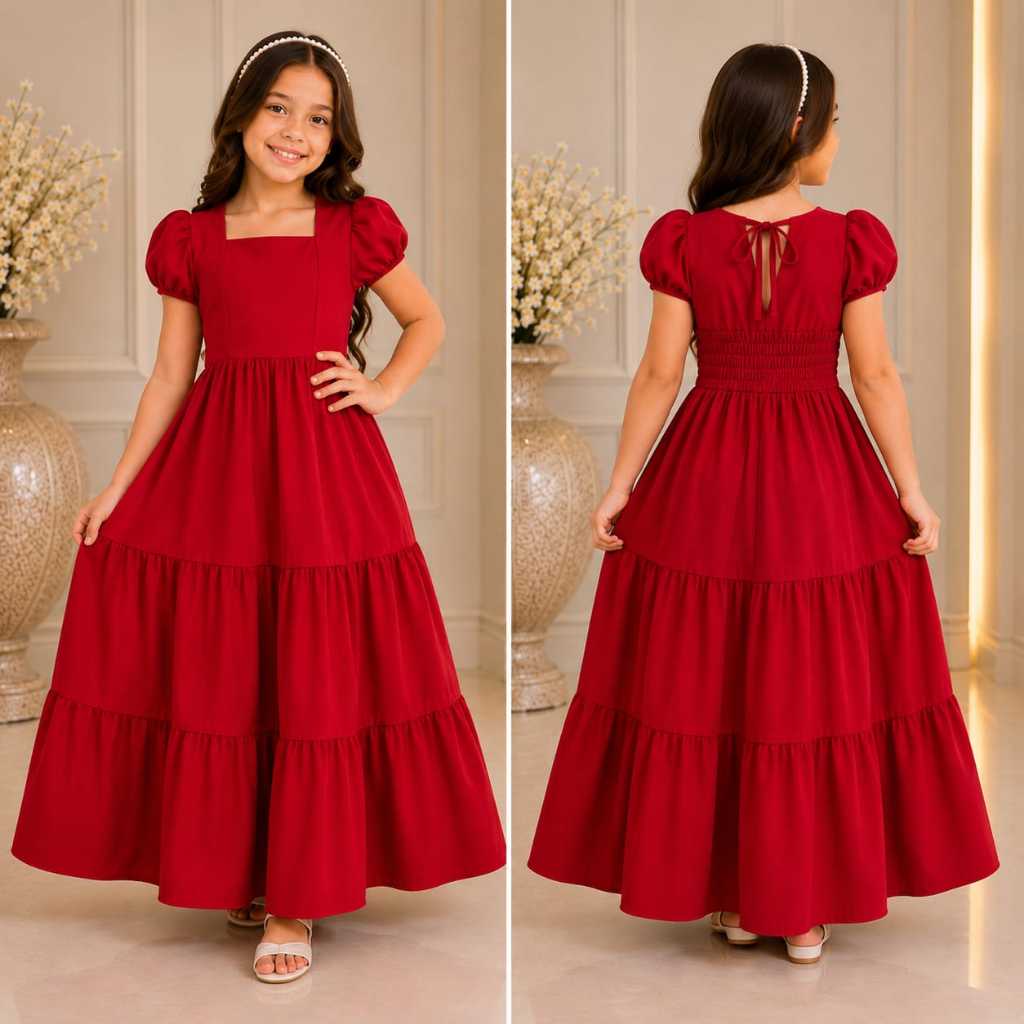 Vestido longo estilo manga princesa alfaiataria para crianças e adolescentes elegantes e estilosas