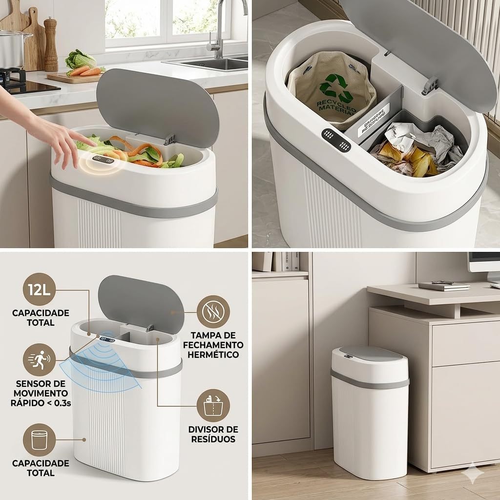 lixeira automatica com sensor 12L com 3 Modos inteligente de aproximação para abrir e fechar para Cozinha, banheiro e es