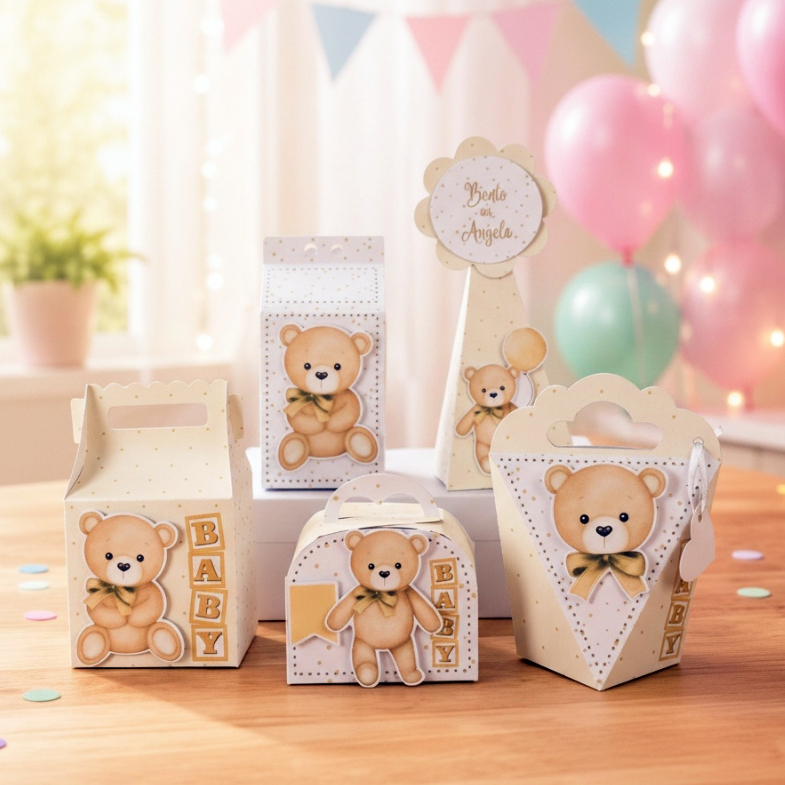 Kit Personalizados Apliques 3D Coloque Menino ou  Menina Tema Ursinho Baby  Bege Candy Papelaria Caixinhas Chá Revelação