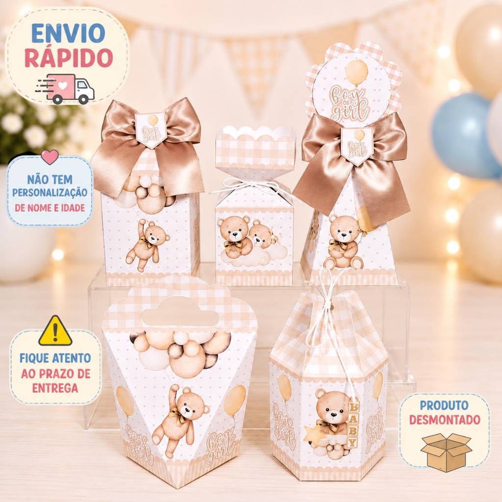 kit Caixinhas Personalizadas para Festa CHA REVELAÇÃO NUDE URSINHO Lembrancinhas de Aniversário Decoração DESMONTADO.