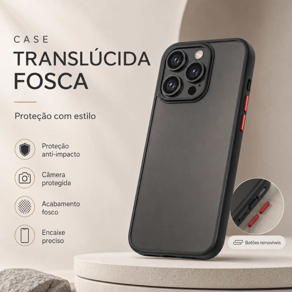 Capa Capinha Translúcida Fosca Antichoque para iPhone e Samsung Proteção de Câmera Botões Coloridos