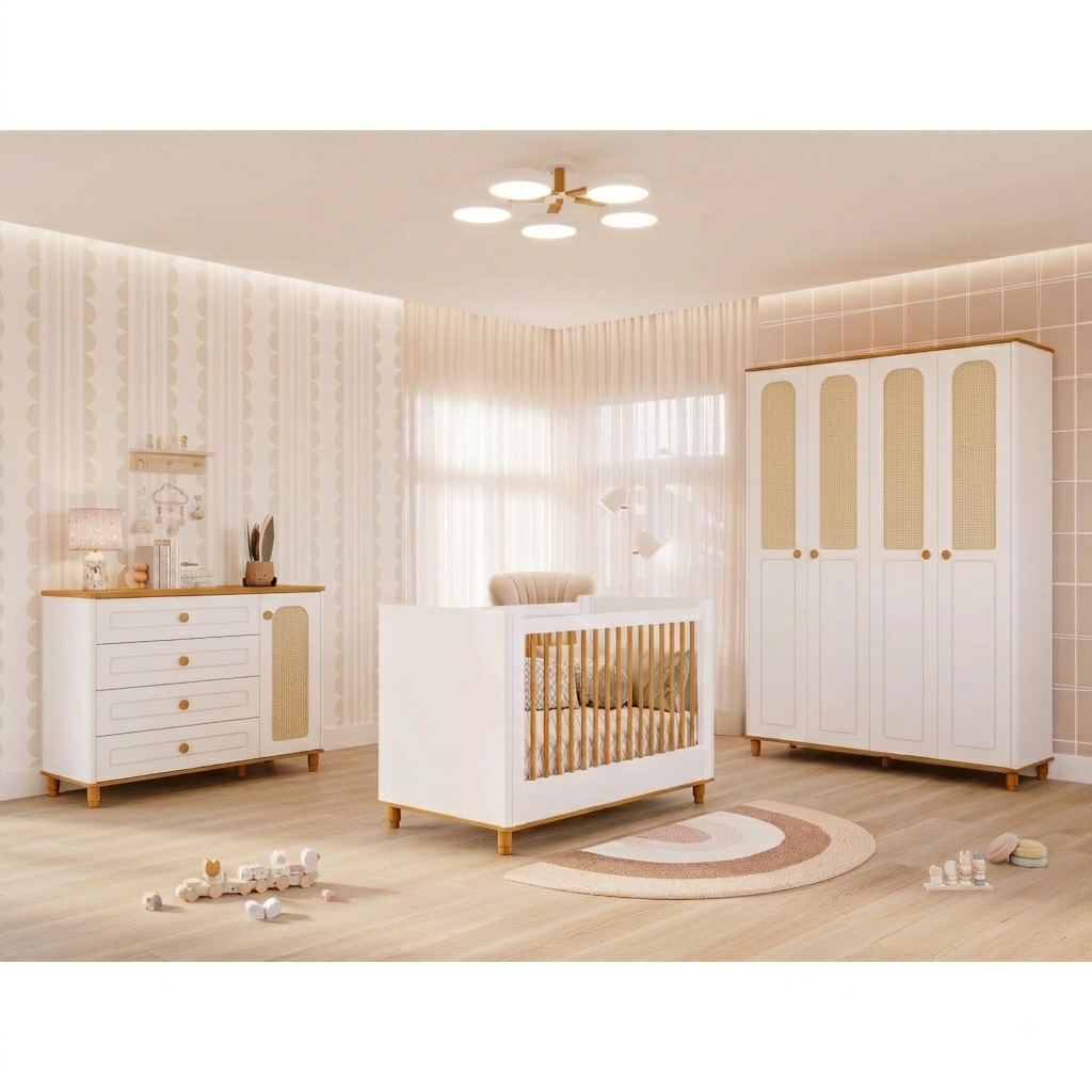 Quarto Bebê Infantil Telado Alfajor 100% MDF Branco/Nature Opções Berço, Cômoda, Roupeiro Permobili