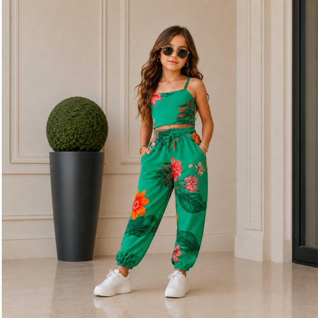 Conjunto Infantil Juvenil Roupa De Natal Festas Moda Chic Conjunto Verão Floral Meninas Blogueirinha