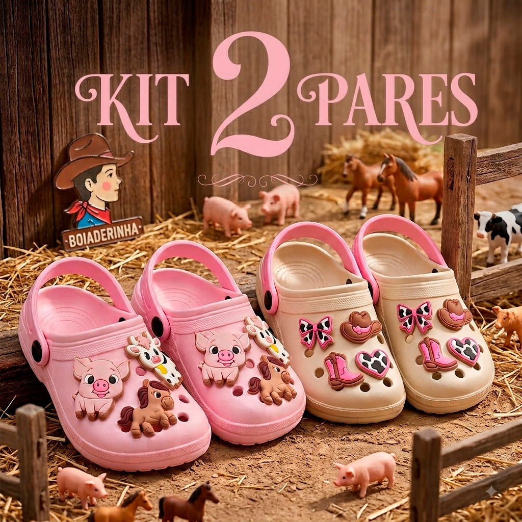 "Kit 2 Pares Babuc Fazendinha, Boiadeira, animais flores, estilo, moda festas, dia dia, meninas meiga.