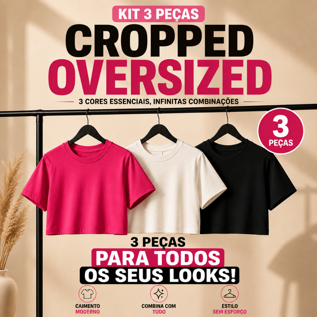 Kit 3 Cropped Feminino Basico Liso 100% Algodão Oversized Super Leve Qualidade Premium