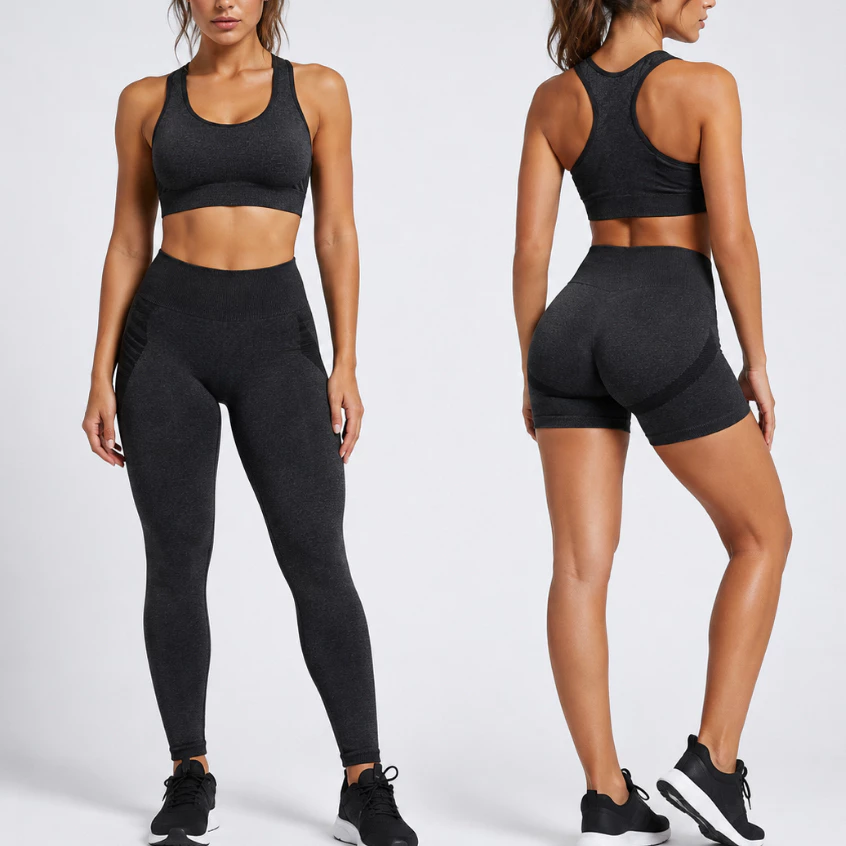 Kit Conjunto Fitness Feminino 3 Peças Top Legging Cintura Alta Short Levanta Bumbum Zero Transparência Academia — imagem 1