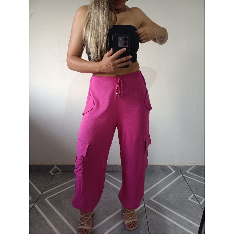 Calça Aladim Feminina Pantalona Cargo Cintura e Barra Ajustável Confortável