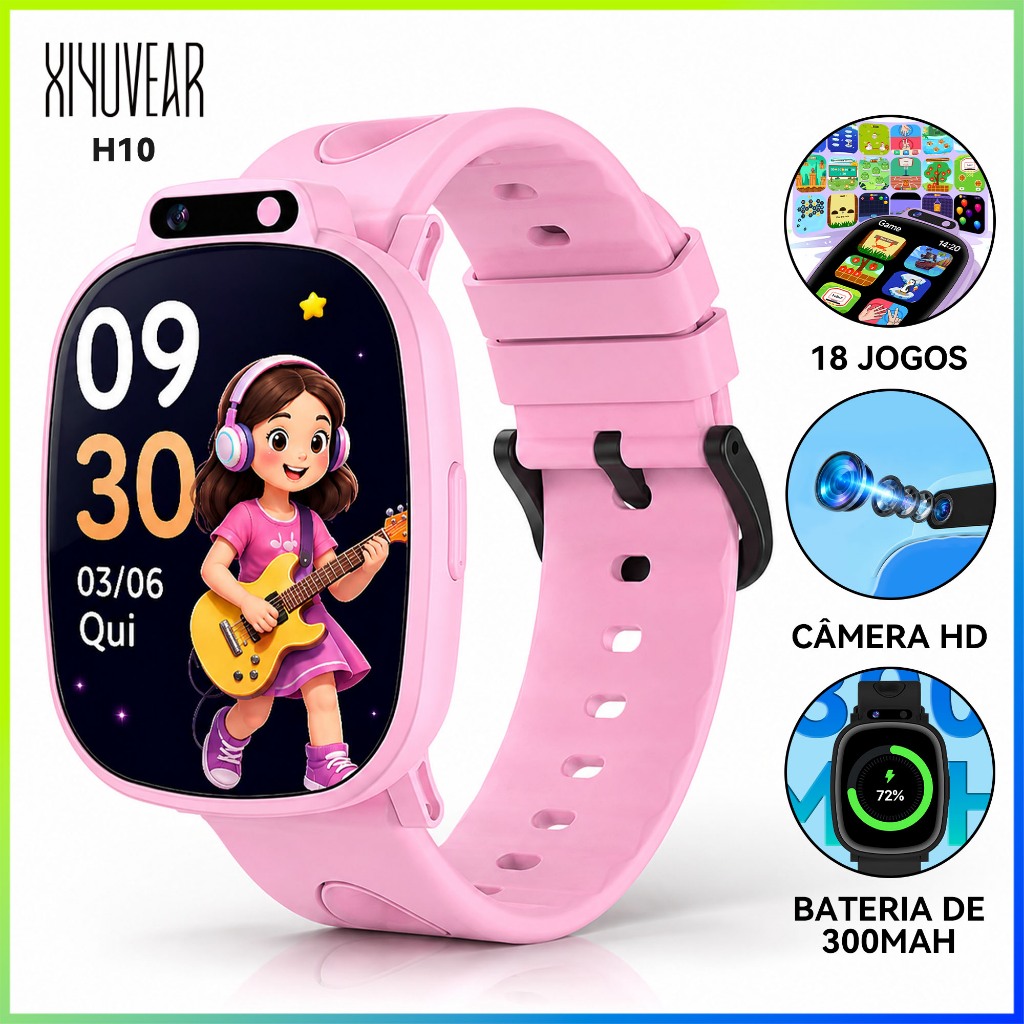 Relógio Inteligente Infantil XiYuVear H10 18 Jogos Educativos Câmera HD Tela 1,9" Colorido