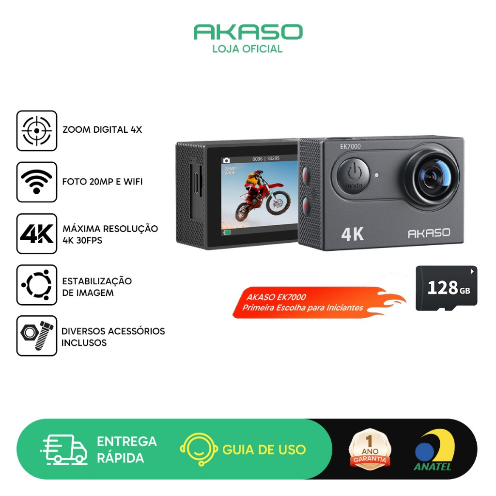 Câmera Ação AKASO EK7000 4K30FPS 20MP WiFi EIS Ultra HD Controle Remoto 4X Zoom c/ Cartão 128GB
