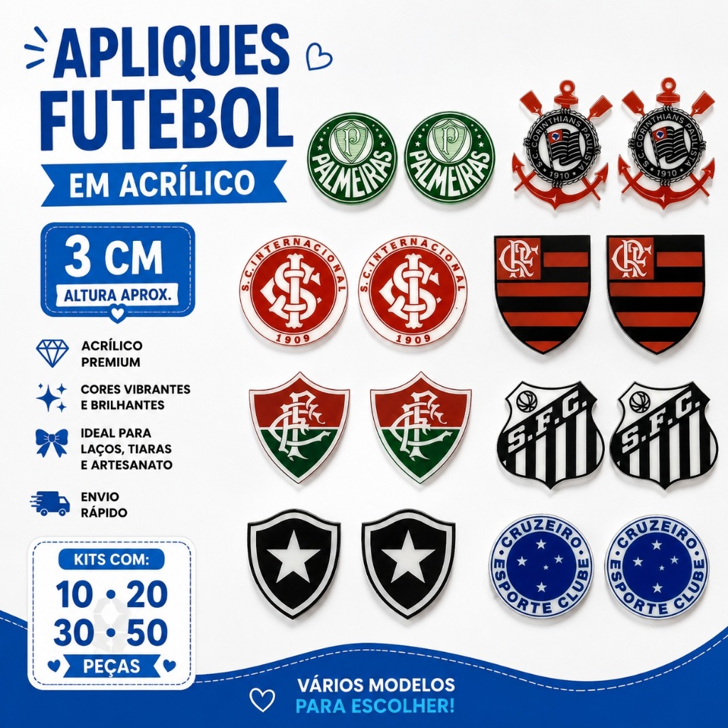 Aplique de Time Futebol em Acrílico 3cm para Laços Tiaras Artesanato Kit 10 20 30 50 Peças