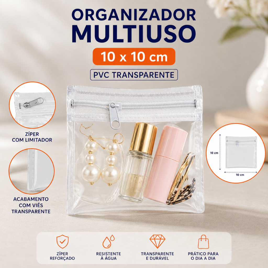 Embalagem Organizadora PVC 10x10 Transparente Com Zíper Saquinho Envelope Multiuso Porta Objetos