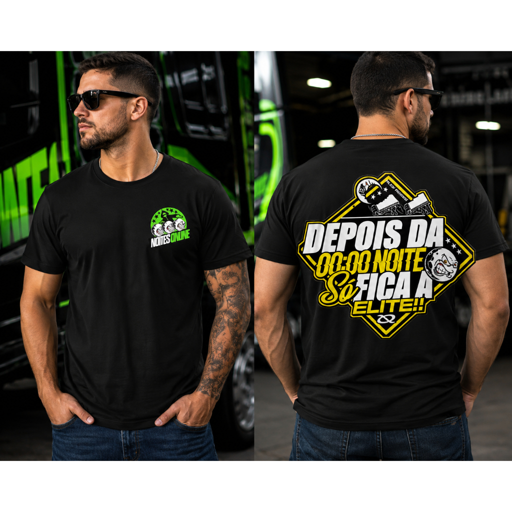 Camiseta Masculina Preta Estampada Noites Online | Camisa de Algodão Estilo Urbano | Estampa Exclusiva