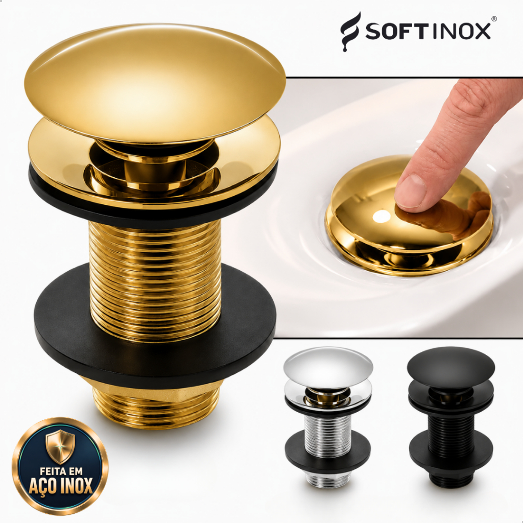Válvula Click Pia Banheiro 100% Aço Inox 7/8 Ralo Inteligente para Lavatório Válvula Click Luxo 3cm