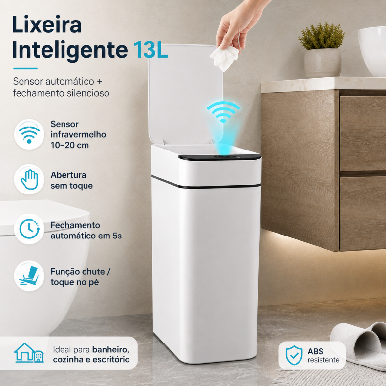 Lixeira Automática Inteligente 13L com Sensor Infravermelho Sem Toque Banheiro Cozinha Escritório