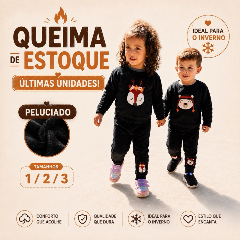 Conjunto Bebê Moletom 100% Algodão Preto Casaco e Calça Peluciado Inverno Tamanho 1 2 3