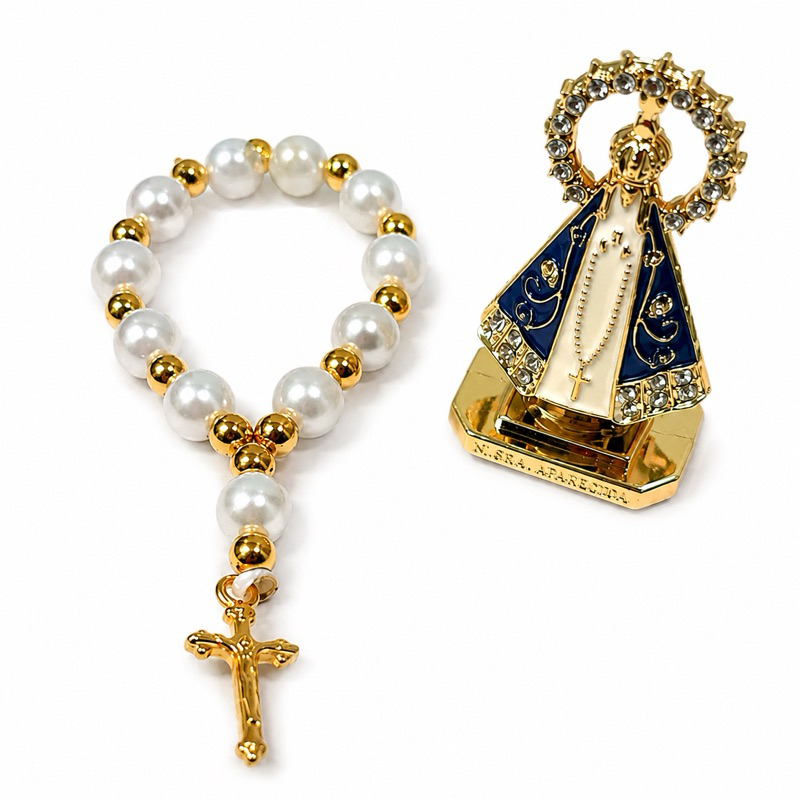 Kit Nossa Senhora Aparecida Para Carro Mini Terço Dezena Perolada + Santa Painel