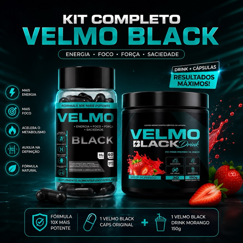 1 Velmo Black Drink 150g - Sabor Morango + 1 Velmo Black caps Original Promoção!