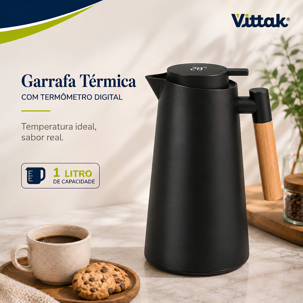 Vittak Garrafa Térmica 1L com Termômetro Digital LED Sistema