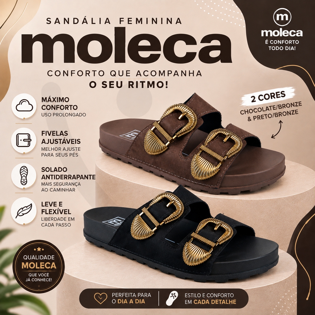 Sandália Feminina Moleca Papete Feminina Moleca Fivela Ajustável Slide Birken Co