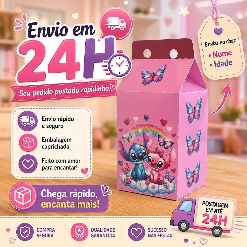 10 Lembrancinhas Stitch e Angel festa aniversário caixinhas milk