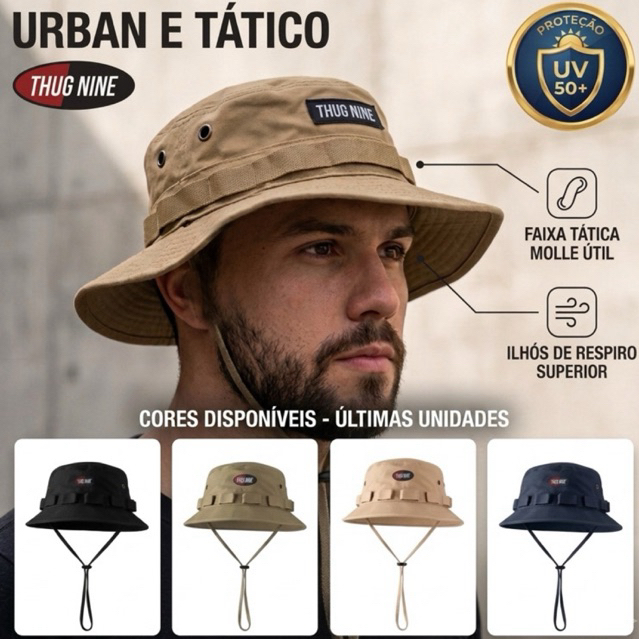 Chapéu Tático Militar Bucket Boonie Hat Thug Nine Proteção UV 50+ | Ajustável Pesca, Camping e Trilha Unissex