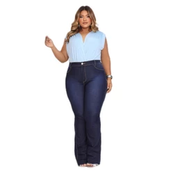Calça Jeans Feminino Flare Plus Size Cintura Alta Com Elastano Premium