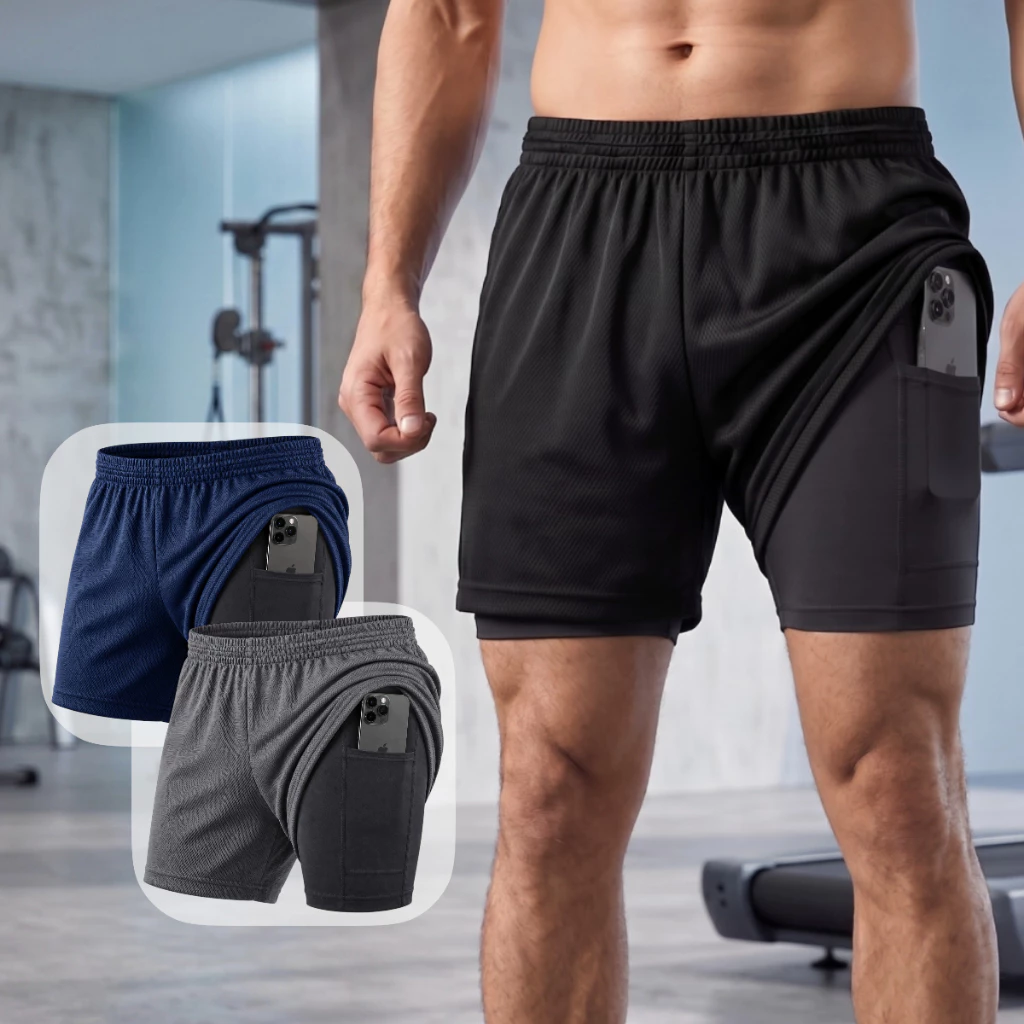 Kit 2 Bermudas Masculinas 2 em 1 Dry Fit Compressão Corrida Academia Short Interno Bolso Celular — imagem 1