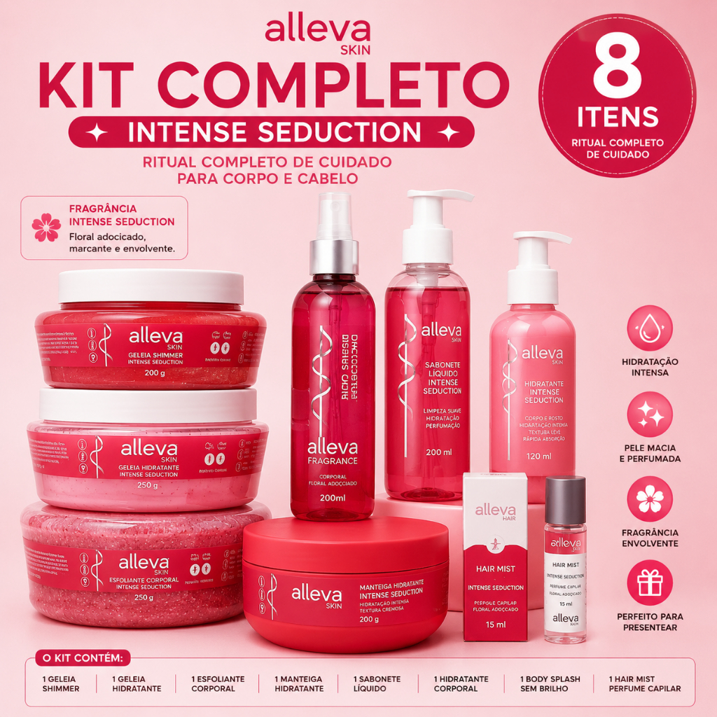 Kit Completo Alleva Intense Seduction 8 Itens Body Splash Hidratante Esfoliante Sabonete Hair Mist