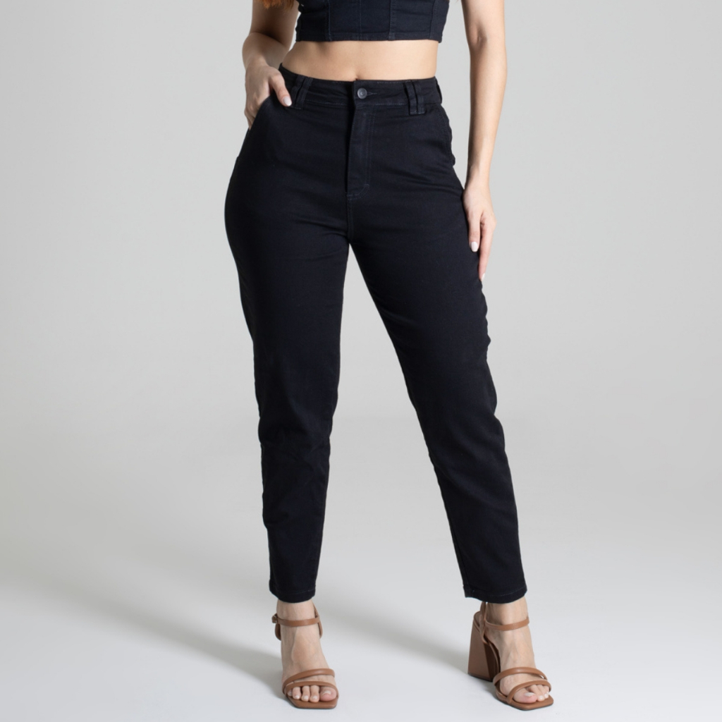 Calça Preta Mom Sawary Jeans Feminina Original Cintura Alta Lycra Elastano Bolso Faca Premium