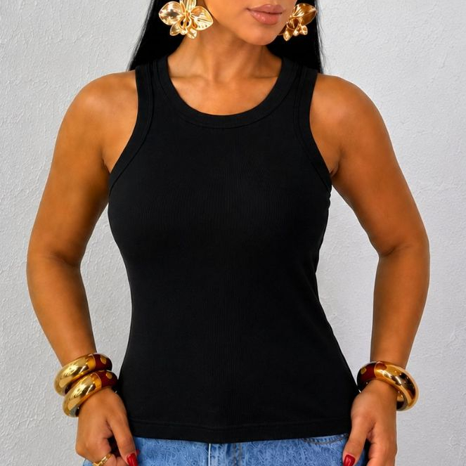 Blusa Feminina Regata Estilosa Elegante Básica Lisa Canelada Tendencia Moda Dia a Dia