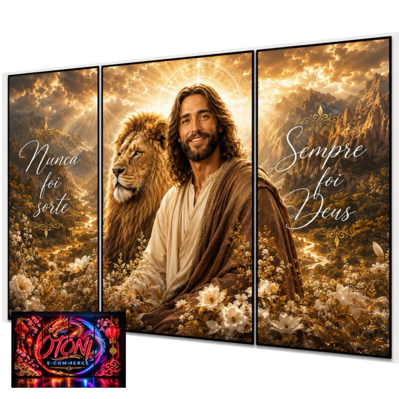 Quadros Decorativos Jesus e Cordeiro Religioso Flores Brancas 3 Peças Decoração Sala Quarto Escritório Decoração