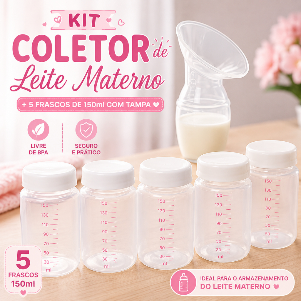 Kit Coletor Bomba de Leite Materno com 5 Frascos Plástico 150ml Com Tampa Livre de BPA Super resistente